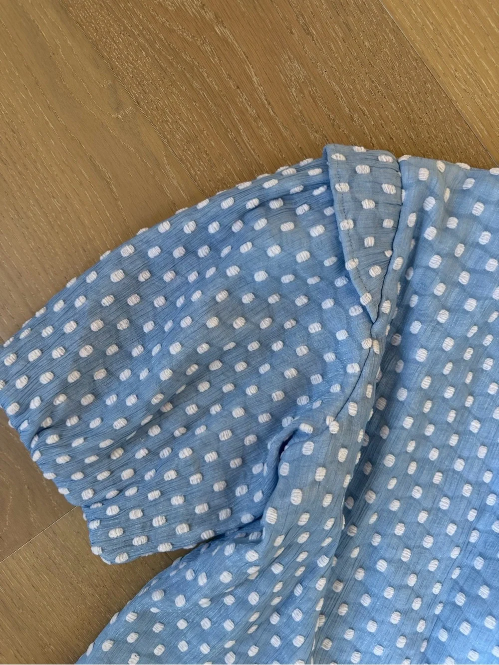 THML Powder Blue Swiss Dot Ruffle Neck Dress - Picture 8 of 10